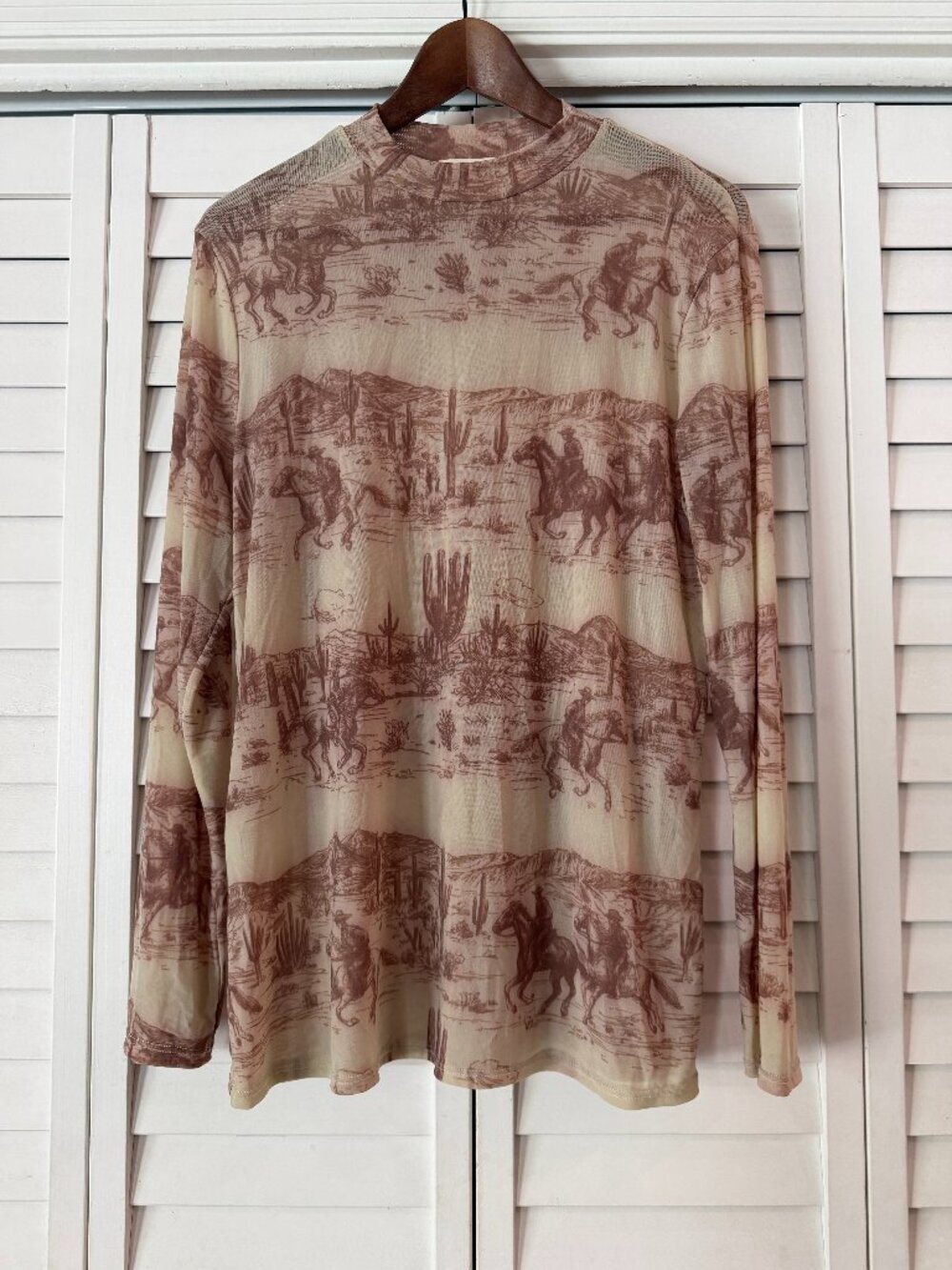 Avery Western Print Mock Neck Mesh Top Cowboy Horse Long Sleeve - Size M